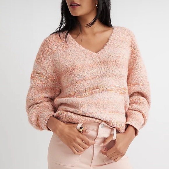 J.CREW PUFF-Sleeve V-Neck Wool Alpaca Blend Sweater in Space Dye Pink, Women's S - Picture 1 of 8